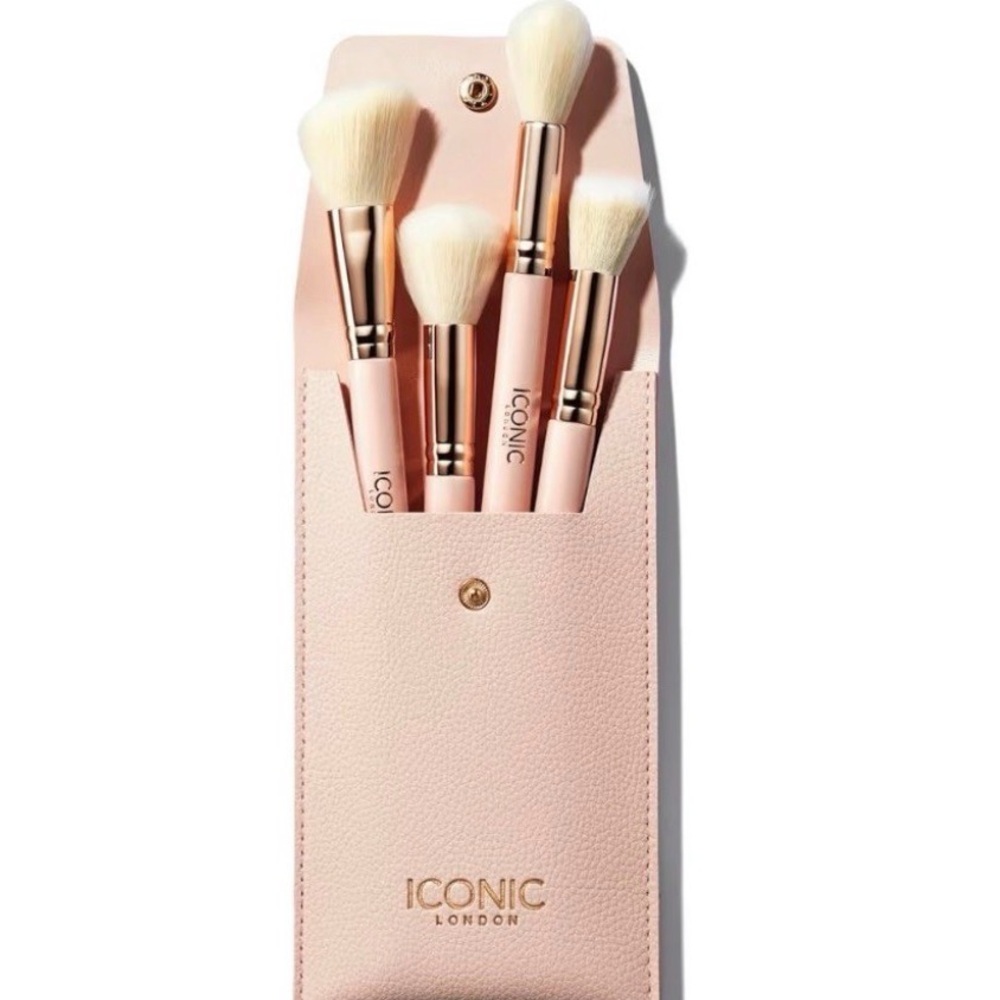 Iconic London Handbag Glam Face Brush Set - Pink Faux Leather Case New